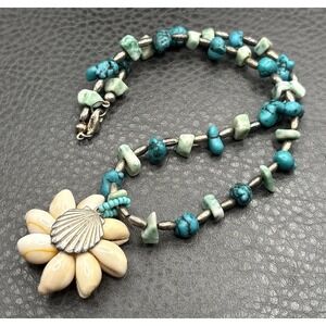 VTG Boho Turquoise Blue Clam Shell Flower Pendant Necklace Silver Tone Bead